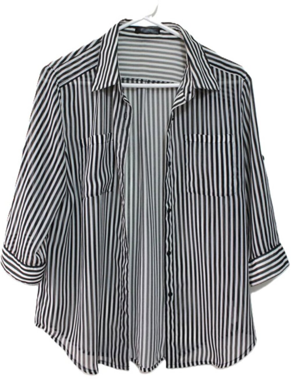 Women Button Up Collar Striped Sheer Blouse - Black/White, S - Pre-Owned